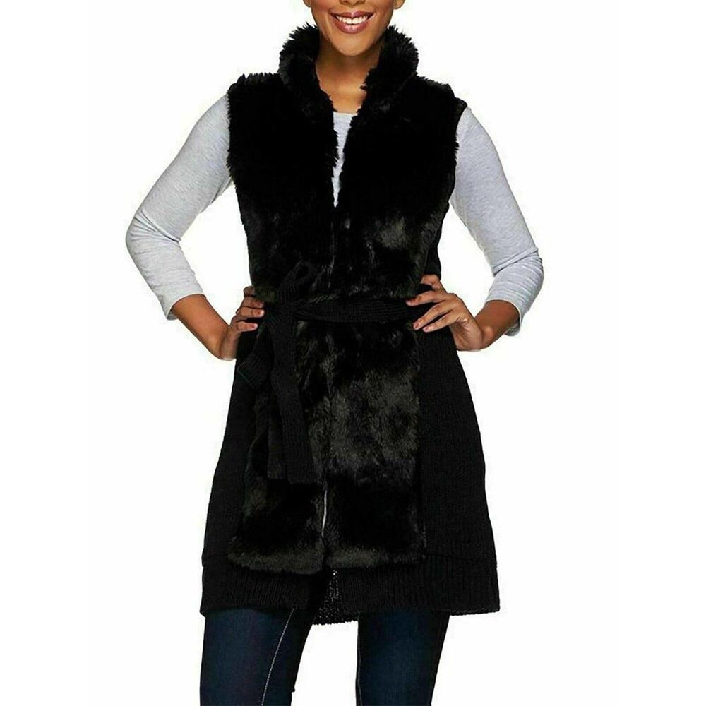 H by Halston Vest Faux Fur Front Sweater Womens M w/ Self Belt Black Hook New